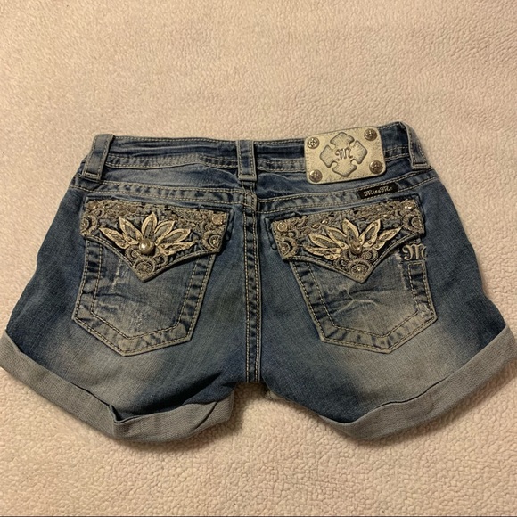 Miss Me Pants - Miss Me Blue Signature Distressed Cuffed Jean Shorts Embroidered Rhinestone